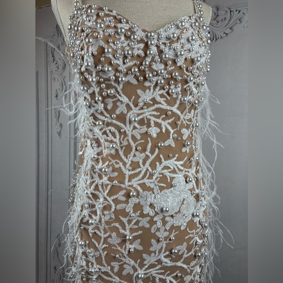 Marilyn Luxury Mesh Feather Sequins & Pearls Formal Evening Gown - Picture 7 of 15